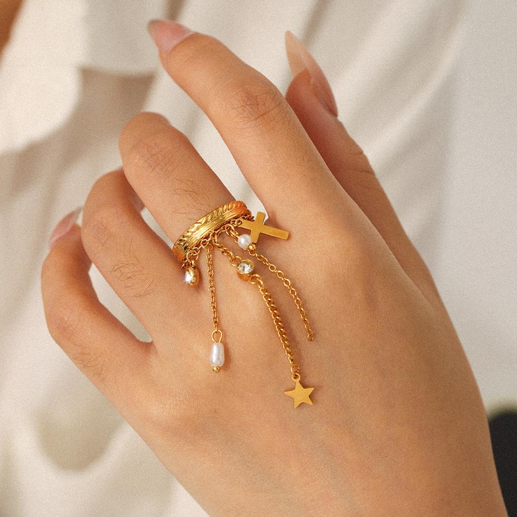 Euro-American style stainless steel star cross zircon ring for women, niche design open ring, titanium steel tassel hand jewelry