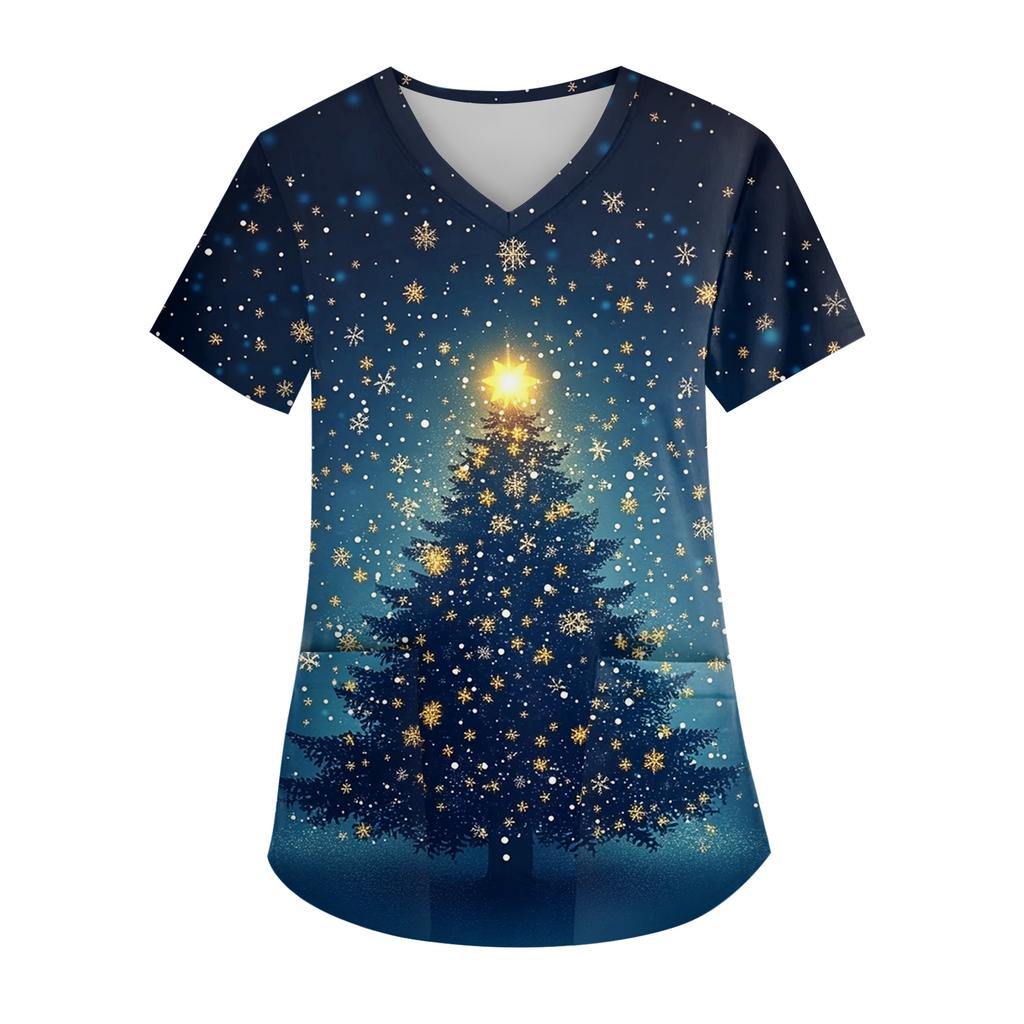 Women's V-neck Christmas Print Short-sleeved Pocket Side Slit Uniform Top