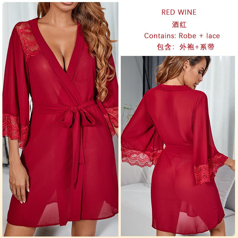 

Сексуальная пижама шифон кружево шитье перспектива ночная рубашка соблазнение женский кардиган халат L