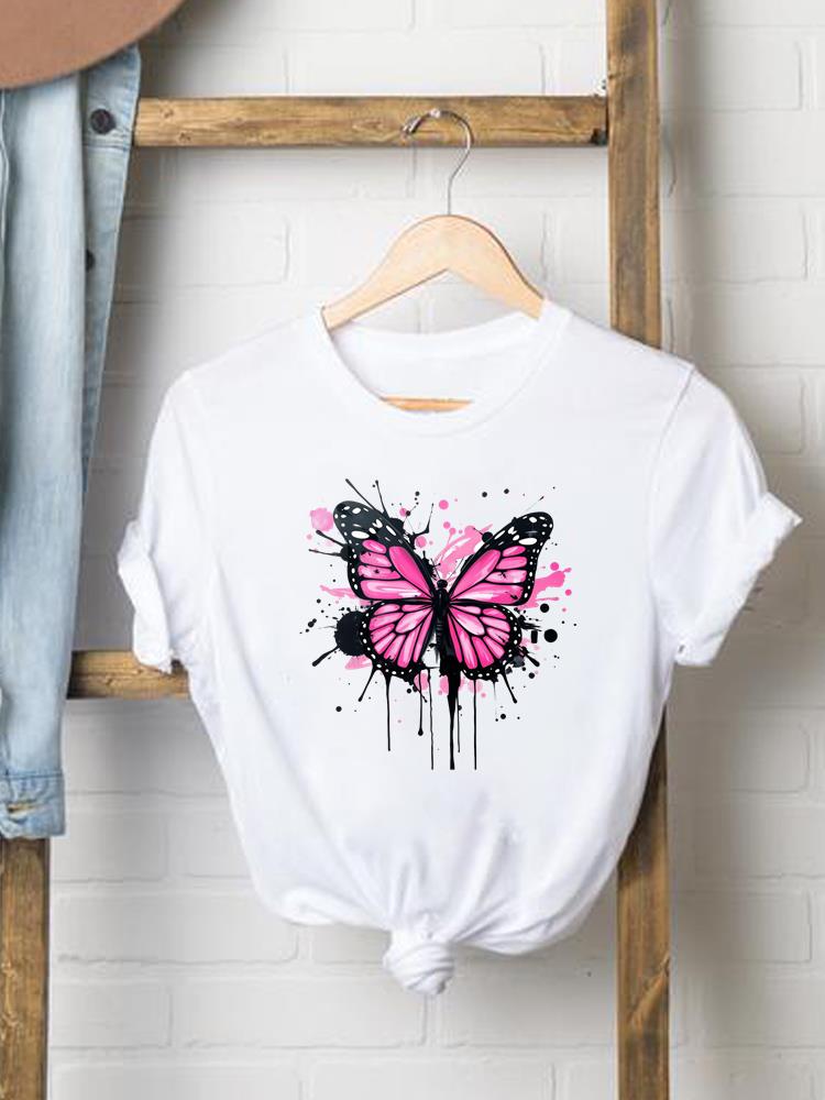 (Asiatische Größe) Blume Schmetterling süß 90er Jahre Frau Druck Damenbekleidung Kurzarm T-Shirt Mode Tee Top Damen Grafik-T-Shirts
