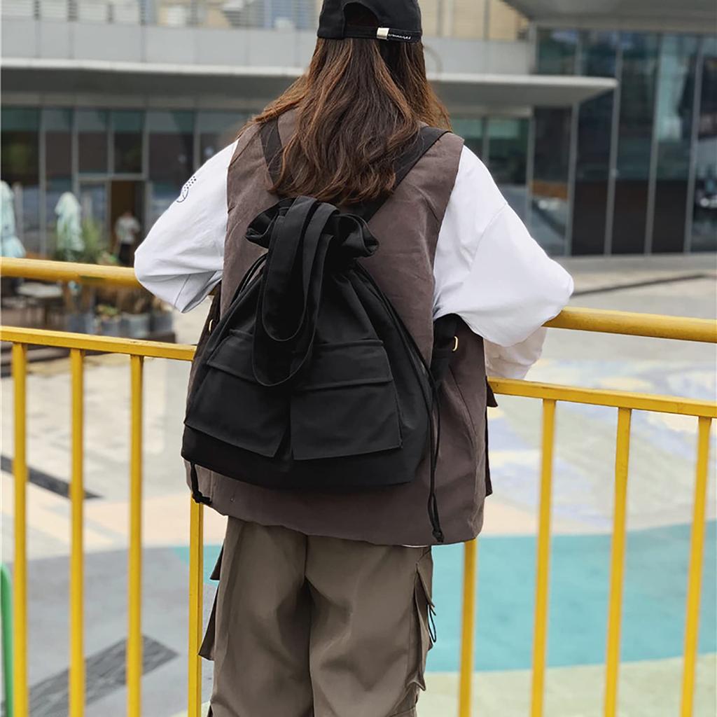 SURCHAR Drawstring Tote Bag, Nylon Backpack, Women's, Handbag, Shoulder Bag, 2-Way, Lightweight, Large Capacity, Casual, Solid Color, Stylish, Cute,