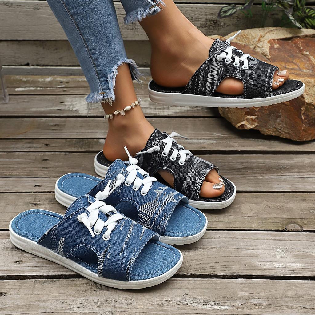 Summer New Large-sized Denim Fabric Lace-up Slip-on Sandals for Women - Round Toe Flat Casual Sandals