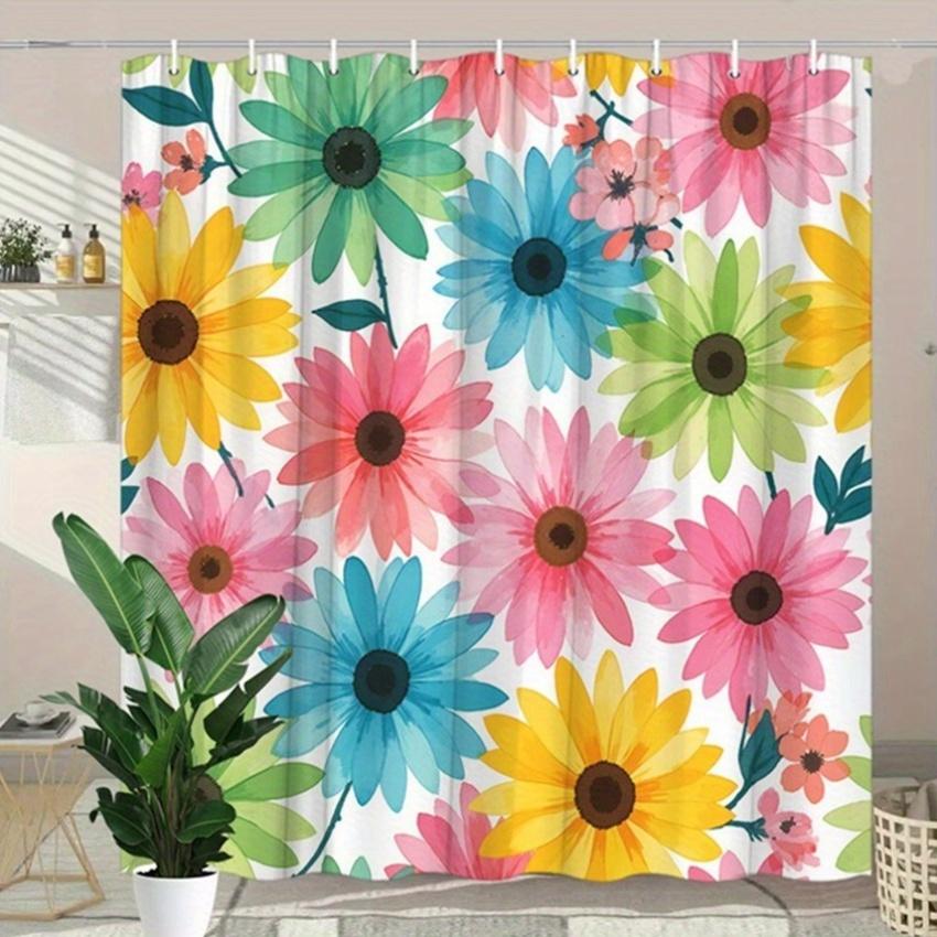 1pc Daisy Floral Shower Curtain - Overlapping Daisies in Green, Blue, Pink, Yellow, Bold & Playful Design, Polyester,  12 Hooks