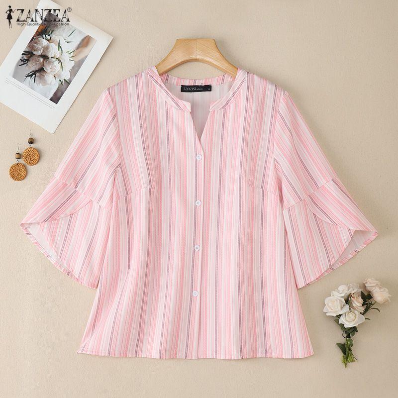 ZANZEA Damska luźna bluzka w paski z dekoltem w serek i rękawami 3/4