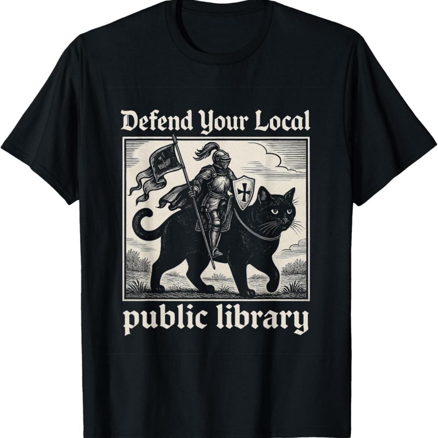 Defend Your Local Public Library Cat Knight Funny Fantasy T-Shirt S чёрный