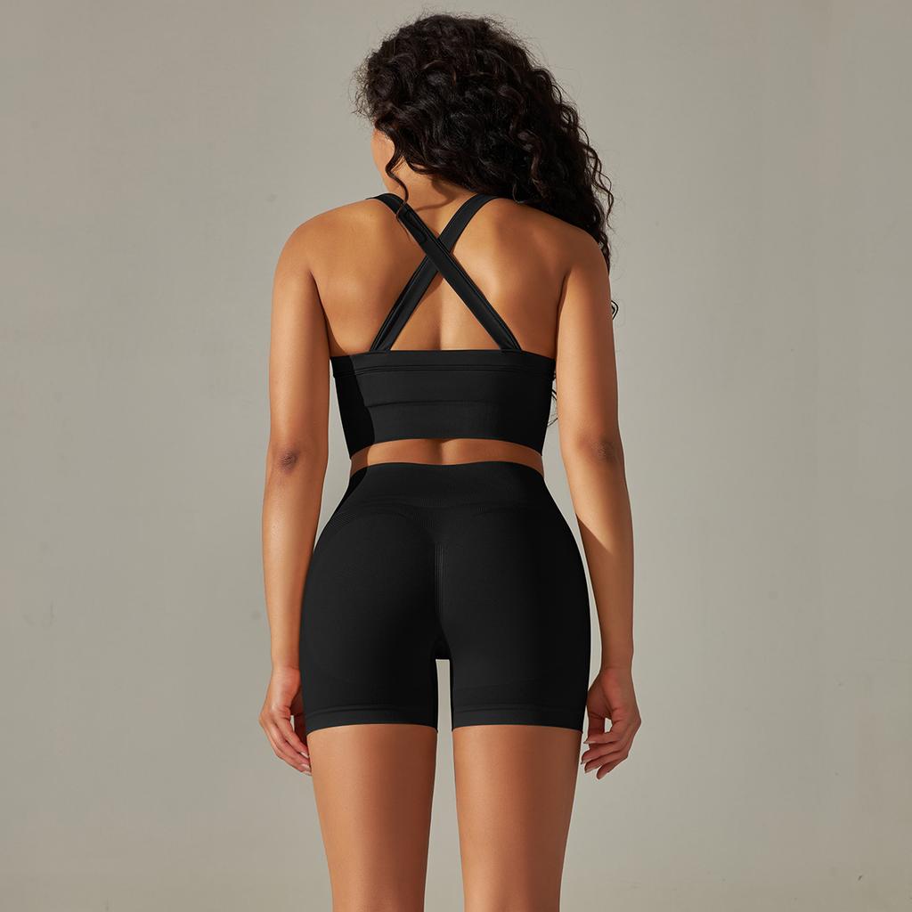 New European and American Seamless Back Cross Shoulder Straps Sports Vest Bra Set Running Fitness Yoga Pants