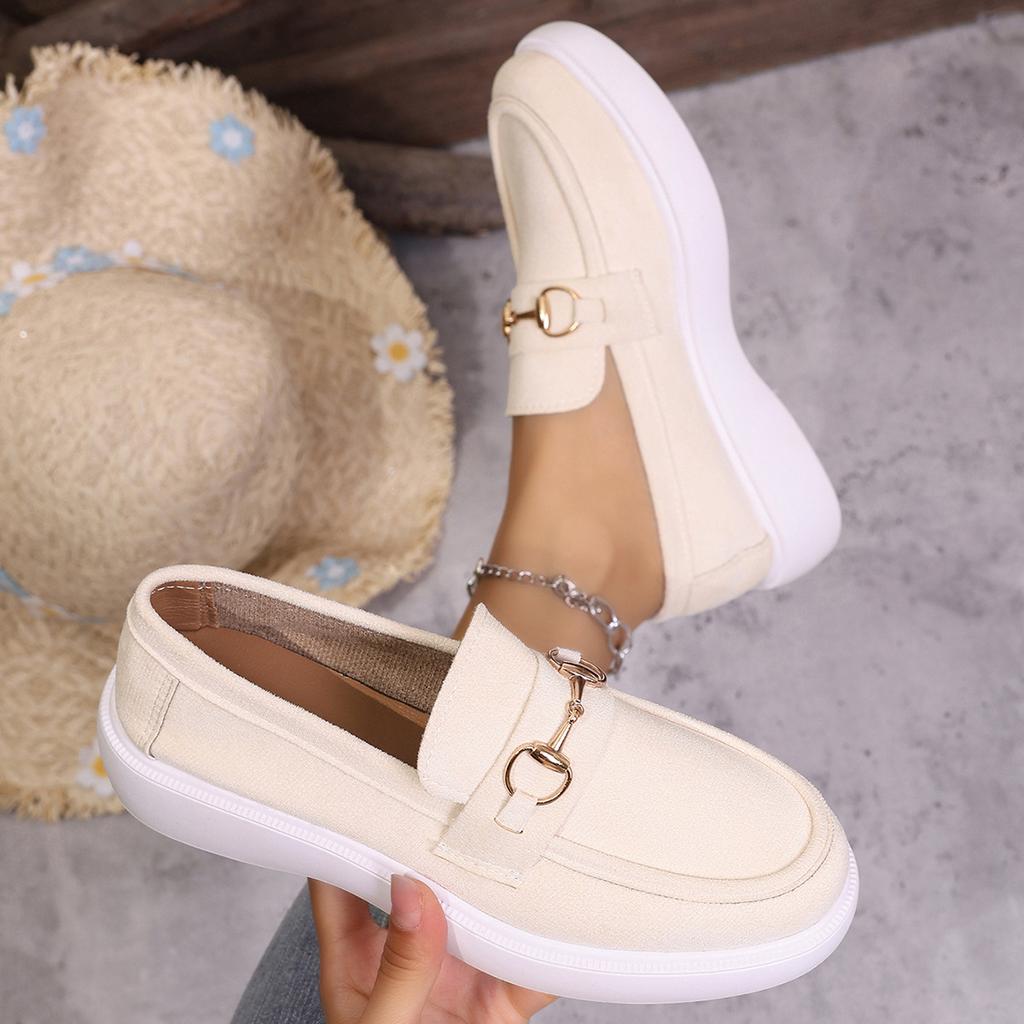 Women's Metal Buckle Loafers, British Style Slip-On Driving Shoes, Flat Sole Comfort Moccasins for Women