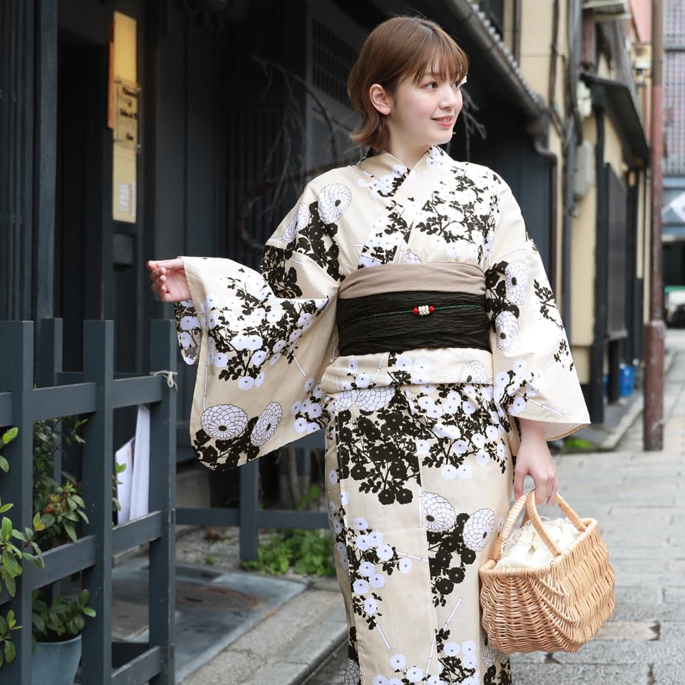 16 Patterns To Choose from Yukata Heko Obi Set Tokimeki Summer Love Yukata Heko Obi 2 Piece Set Beige Manju Chrysanthemum and White Small (11.