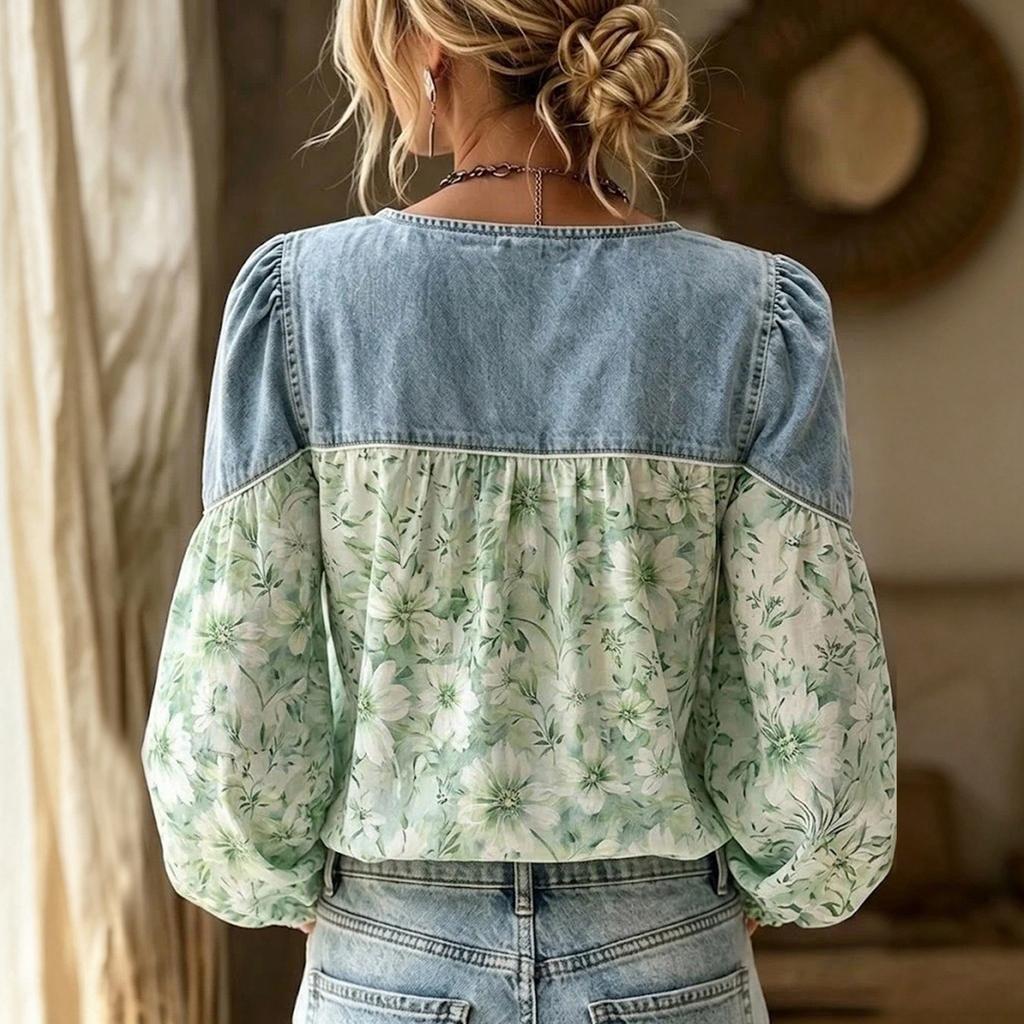Damska jesienna vintage jeansowa koszula z dekoltem w serek i długim rękawem, patchwork