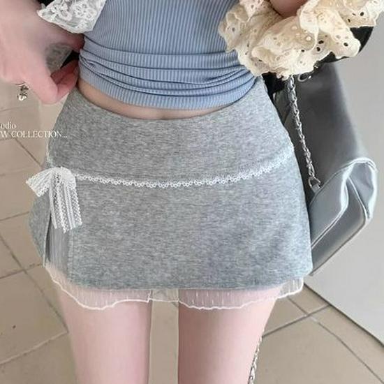 Bowknot Sweet Lace Patchwork High-Waisted A-Line Skirt - Summer Spicy Style Anti-Exposure Hip-Hugging Short Skirt for Women.