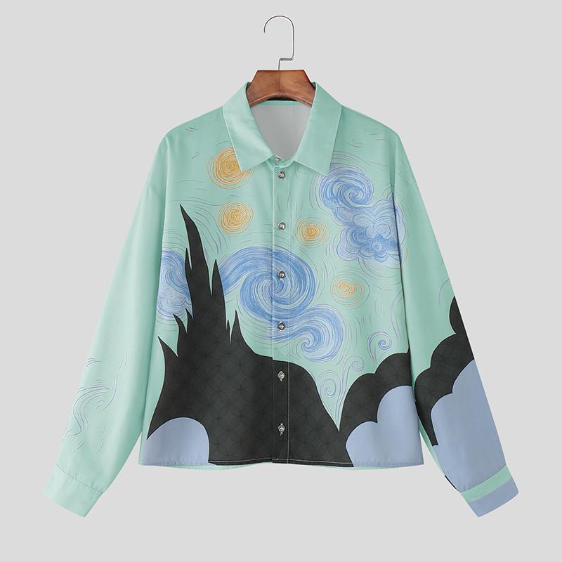 

INCERUN Men Casual Lapel Neck Long Sleeve Print Loose Shirts 5XL зелений