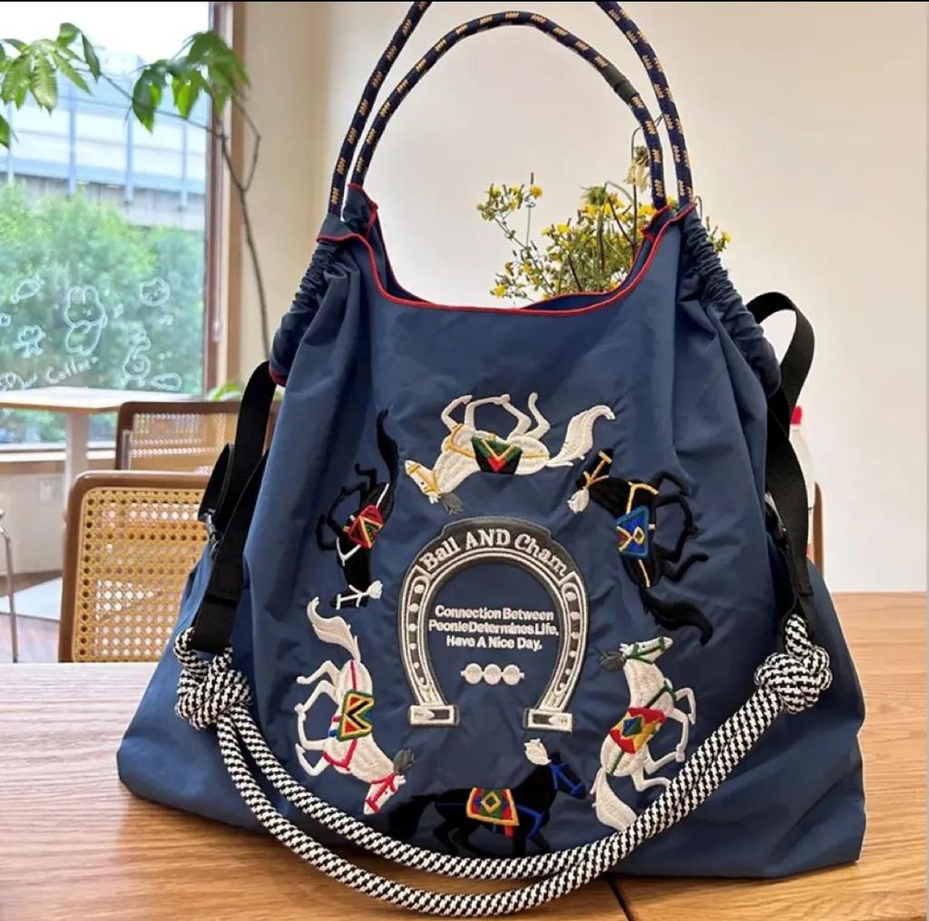 Summer embroidery ballchain eco-friendly bag ballchain shopping bag shoulder bag canvas tote bag