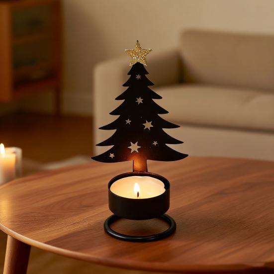 Metal Christmas Tree Candlestick Small Tree Shaped Candle Holder Holiday Tabletop Centerpiece for Home Shelf Fireplace Decor