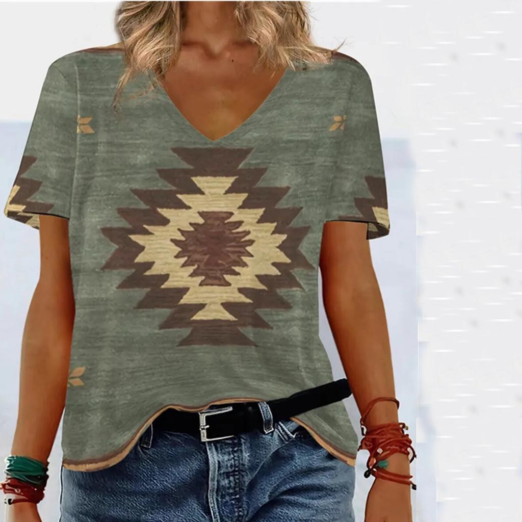 Short Sleeved V-neck Summer Ethnic Style Print Design Casual Women's T-shirts