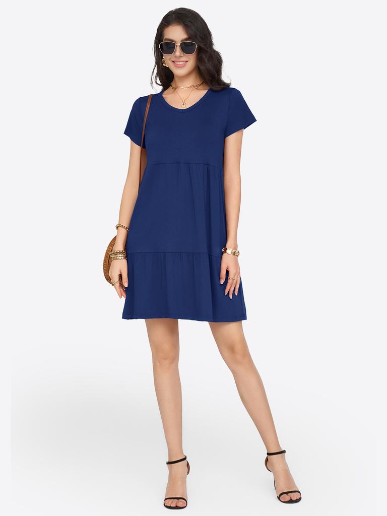 Womens V Neck Tiered Dress Short Sleeve Loose Casual Knee Length Dress