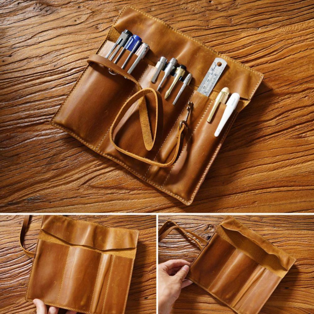 Multi-Compartment Pencil Roll Bag Cowhide Leather Vintage Cowhide Pencil Case Literary Style