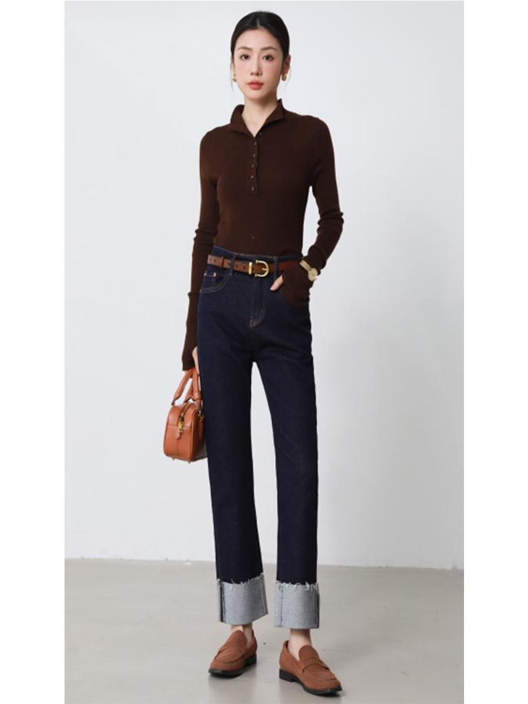 Clearance: Women's Deep Blue High-Waisted Slim-Fit Straight Leg Jeans with Rolled Hem