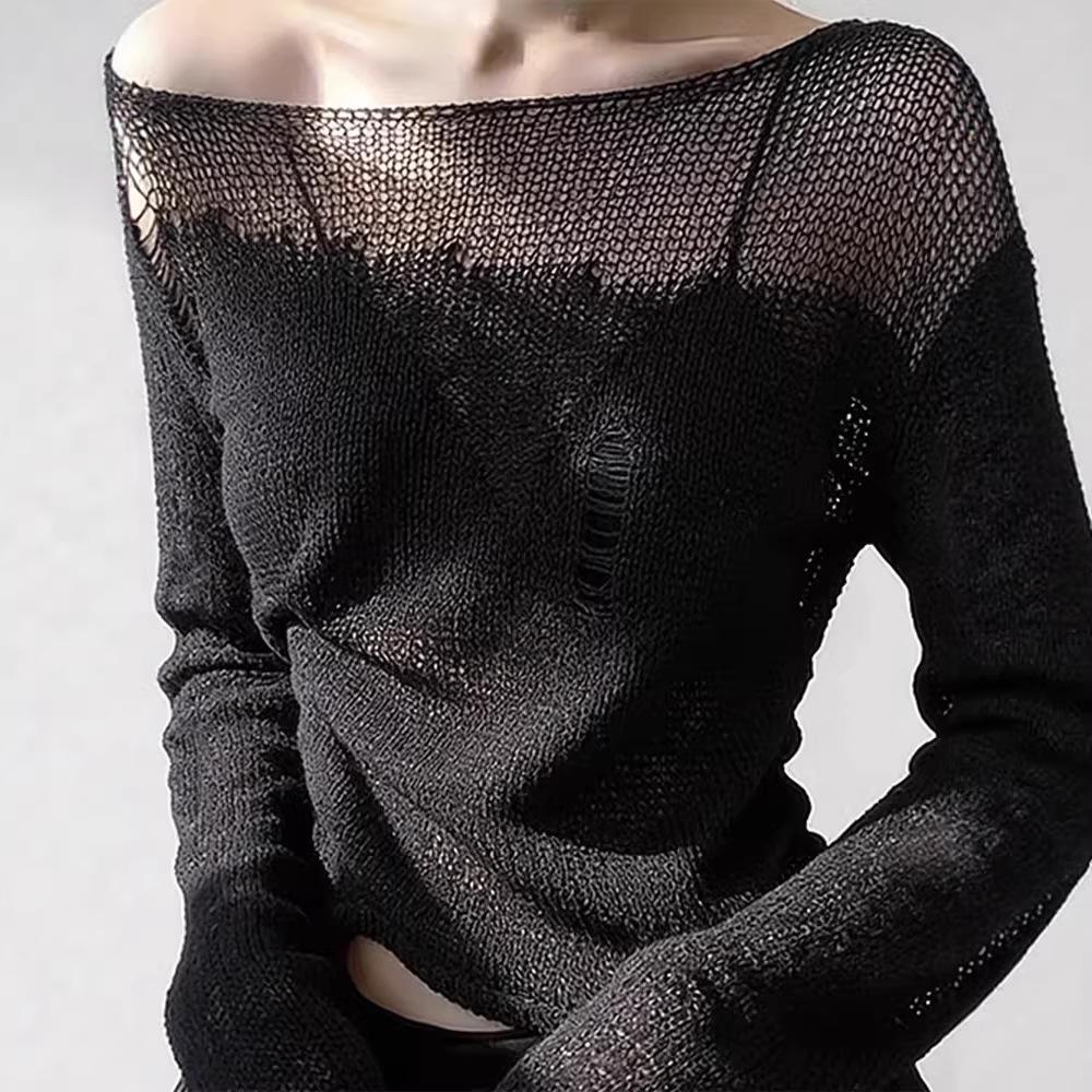 Women's Black Mesh Splice Long-Sleeve Fashionable T-Shirt - Trendy Spring Style