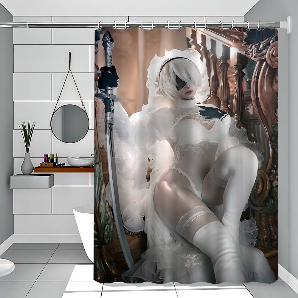 Nier Automata White Shower Curtain, Bathroom Decorative Shower Curtain, Waterproof Shower Curtain With Hooks