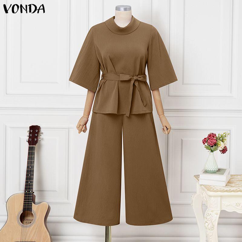 VONDA 2PCS Women Batwing Sleeve Belt Blouse and Pants Casual Oversized Two Picecs Sets Outfits