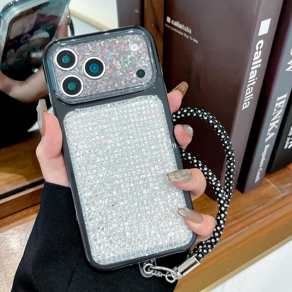 Glitter Diamond Grid Pattern Phone Case For iPhone 17 16 15 18 Pro Max Camera Protection Shockproof Anti-Fall Cover with Bracelet