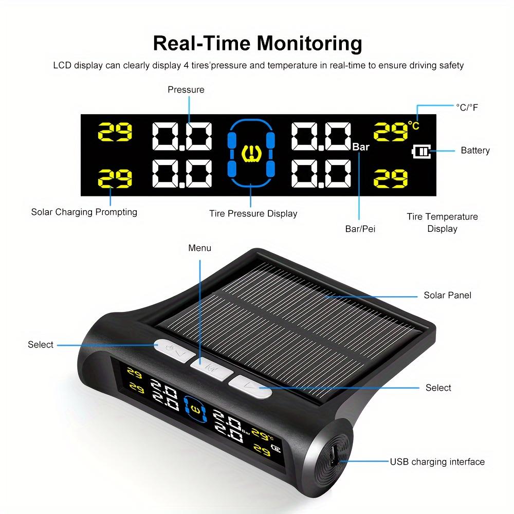 Solar Power TPMS Tire Pressure Monitoring System USB Rechargeable with 4 External Sensors Real-time Temp Alarm for Car SUV MPV Pickup
