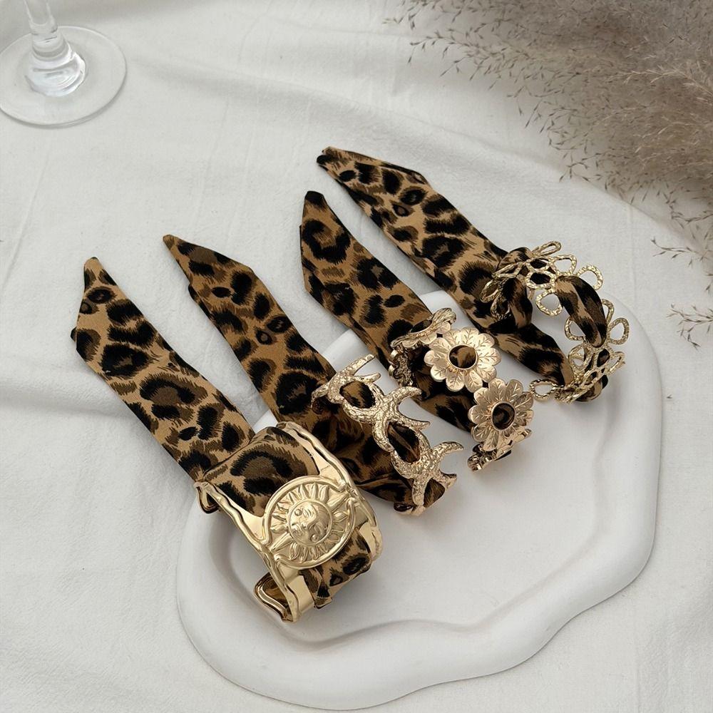 Leopard Print Silk Scarf Cuff Bangles Ribbon-Wrapped Golden Metal Wide Bracelet Retro Geometric Ethnic Style Wristband Women