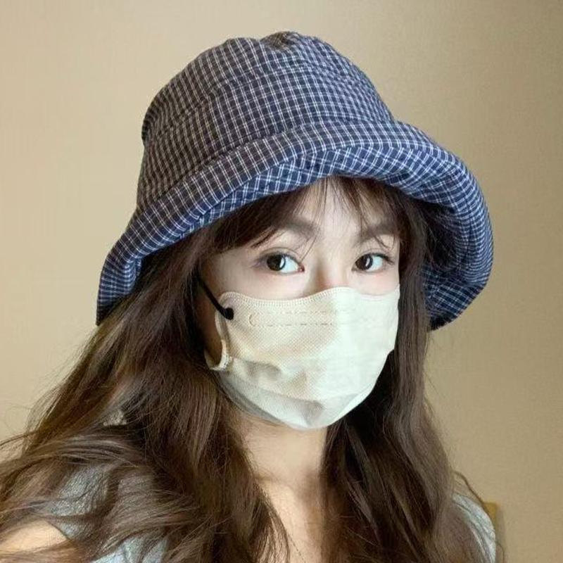 New Summer Women'S Plaid Rolled Brim Bucket Hat Wide-Brimmed Quick-Drying Sun-Protective Hat