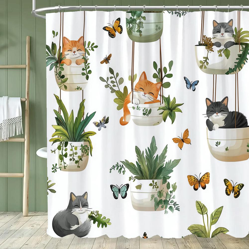 Cartoon Cat Shower Curtain, Bathroom Decorative Flowers Shower Curtains, Home Printed Polyester Fabric Curtain with Hooks