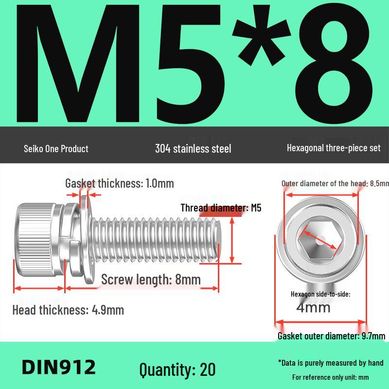 304 Stainless Steel Hex Socket Cap Screw with Washer - Sizes M3, M4, M5, M6, M8, M12