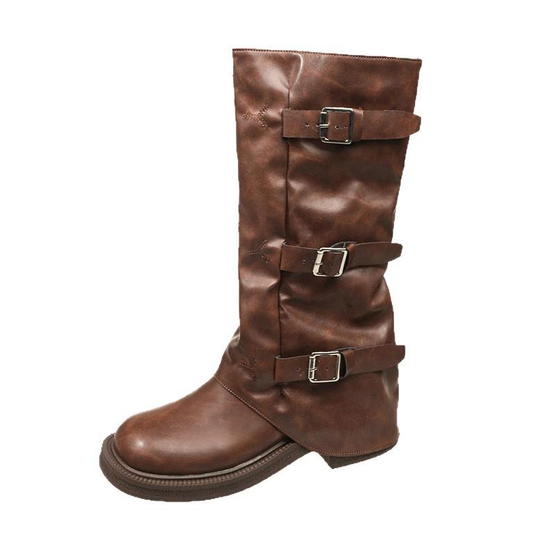 Retro western cowboy boots women's 2025 autumn and winter new Internet celebrity belt buckle trouser tube side zipper black knight boots