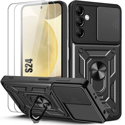 Case for Samsung Galaxy S24 - BOOLING - Protection with Ring and Sliding Camera Cover - Black - 2 Tempered Glasses