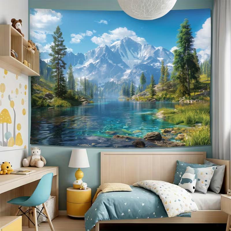 2D Party Backdrop Nature Landscape Tapestry, Serene Mountain Lake and Forest Scene