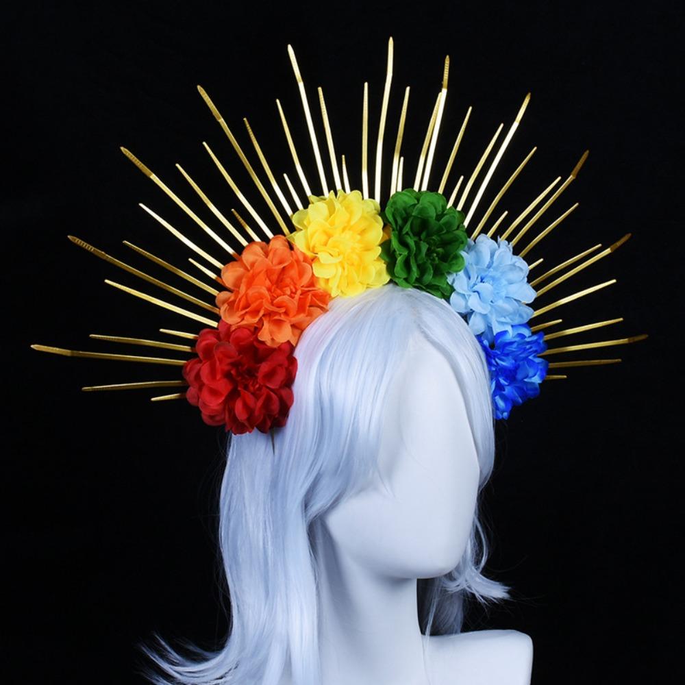 Aureole Colorful Flower Hair Hoop Sun Goddess Halo Headband Headpiece Rainbow Hairband Party