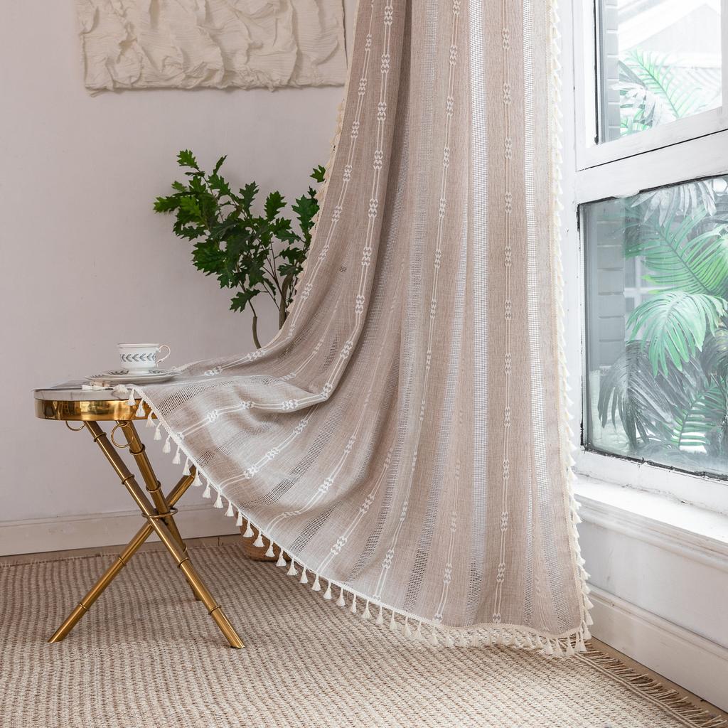 Gray Green Bohemian Curtains Bedroom Living Room Semi-Blackout Farmhouse Curtains Cotton And Linen Fringed Curtains