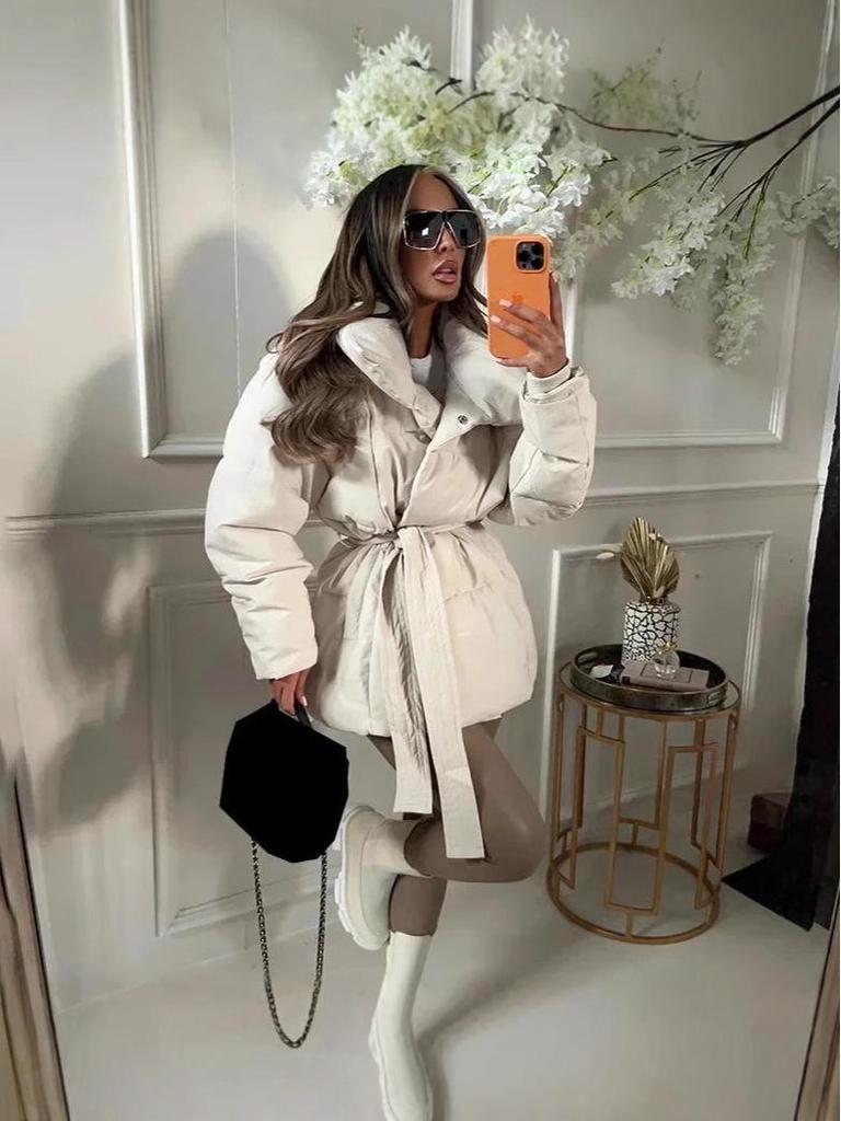 2025 Women's Waist-Slimming Long-Sleeve Tie-Waist Loose Solid Color Autumn/Winter Cotton-Padded Coat