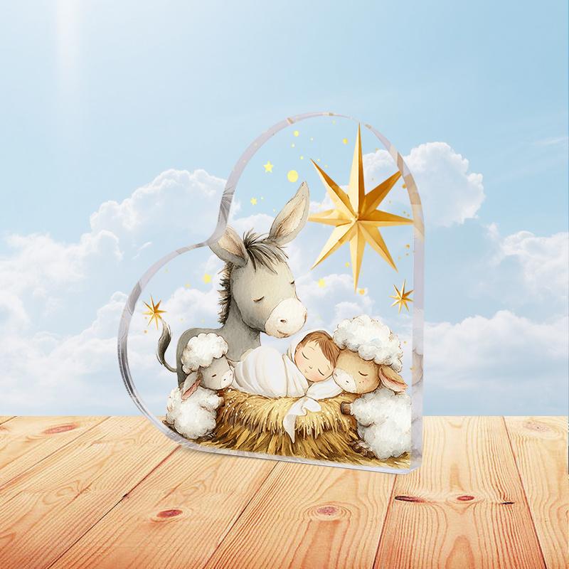 One Piece of Heart-Shaped Acrylic Decorative Sign And Plaque Featuring a Nativity Scene with a Humorous Donkey And Lamb Design, Making It an Ideal  