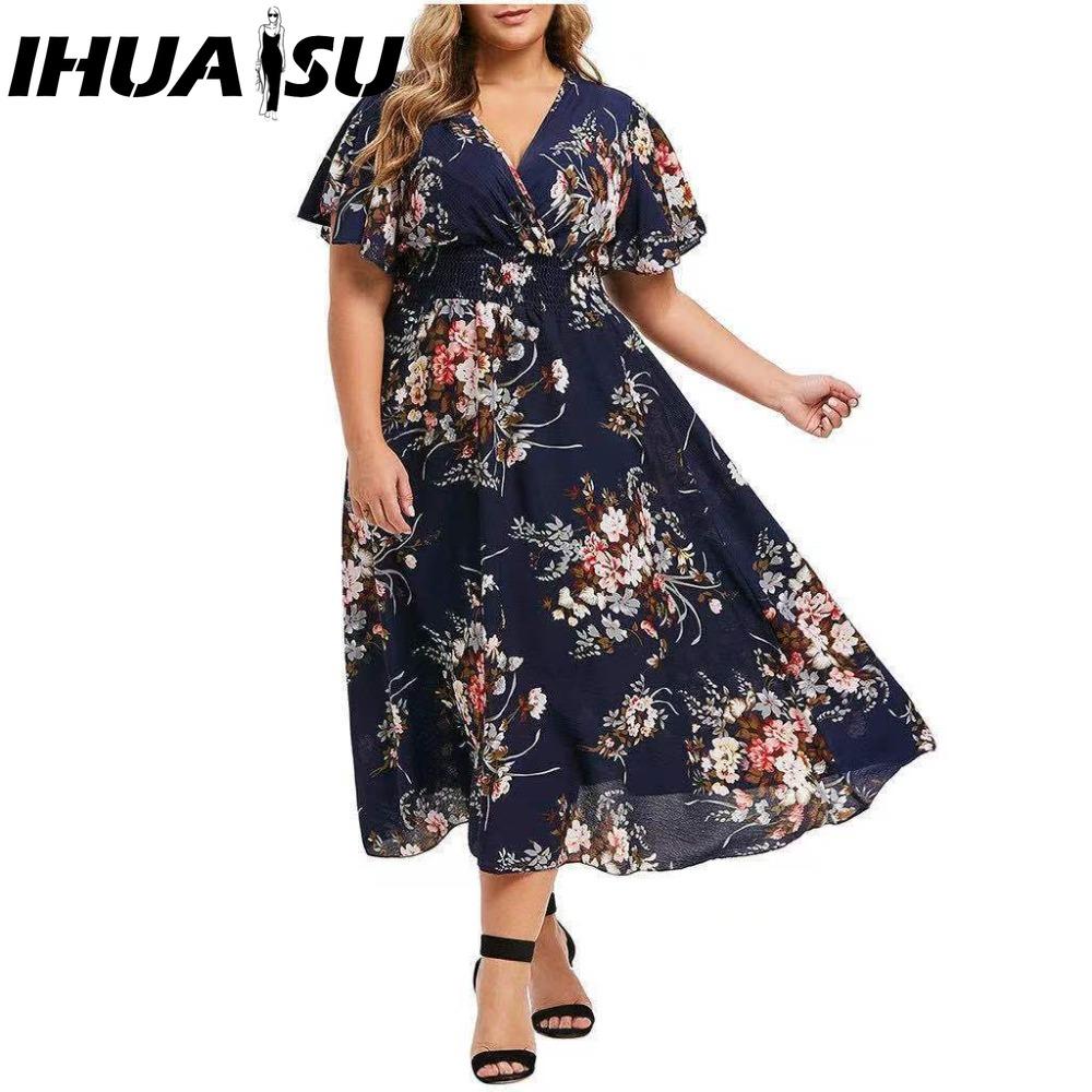 

IHUASU Plus Size Fashion Women Casual Floral Print V Neck Short Dress XL темно-синий