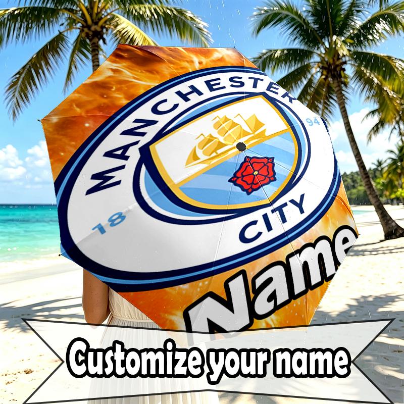 Custom Name Personalized Manchester City FC Print Umbrella, Auto Open Close, 8‑Rib Sturdy Frame, Commute Camping Hiking Use, Birthday Gift