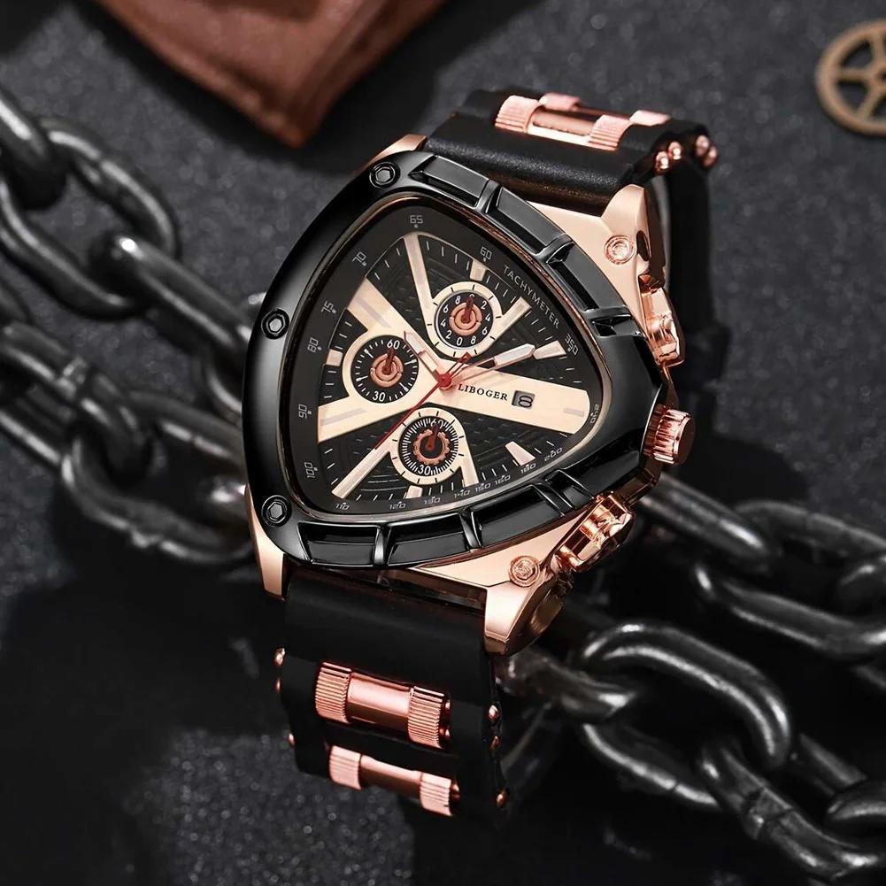 Men Universal Casual Quartz Watch Multifunctional Polygonal Three-Eye Dial Silicone Strap Auto Date Wristwatch Men Festival Gift