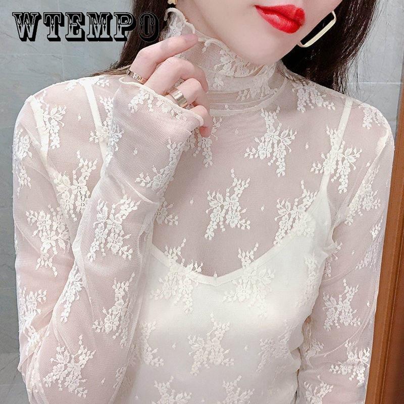 

Осенняя нижняя рубашка в западном стиле, кружевная сетка на марлевой подкладке, платье из марли, тонкий сексуальный прозрачный топ с высокой горловиной и завитками