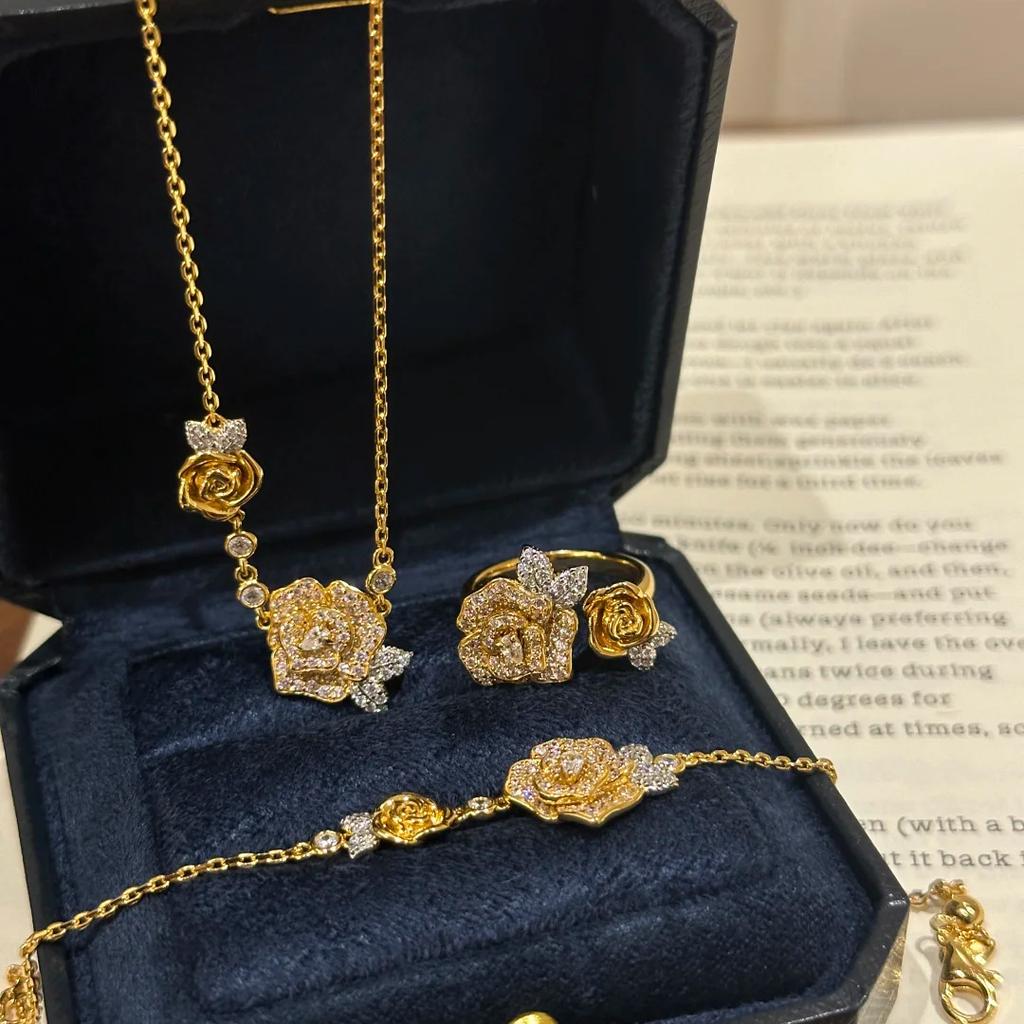 French Retro Gold Color Double Rose Flowers Design Inlaid with Full Zircon Necklaces Bracelets Rings Zircon Sets For Women