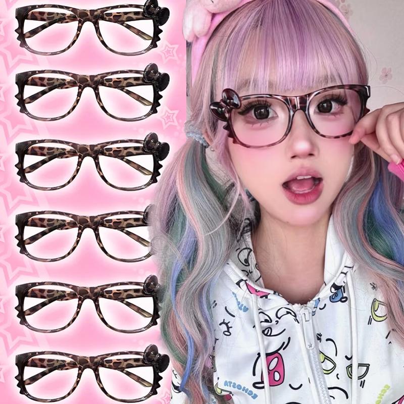 New Y2k Leopard Print Bow Glasses Korean Style Without Lense Eyeglasses Frame Eyewear Kawaii Harajuku Cosplay Party Accessories