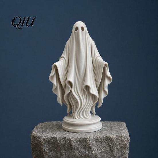 Gothic Style Home Accent Ghost Statue, Resin White Figurine, Spooky Halloween Decoration with Durable Art Flowing Robe And Base for Mantel,