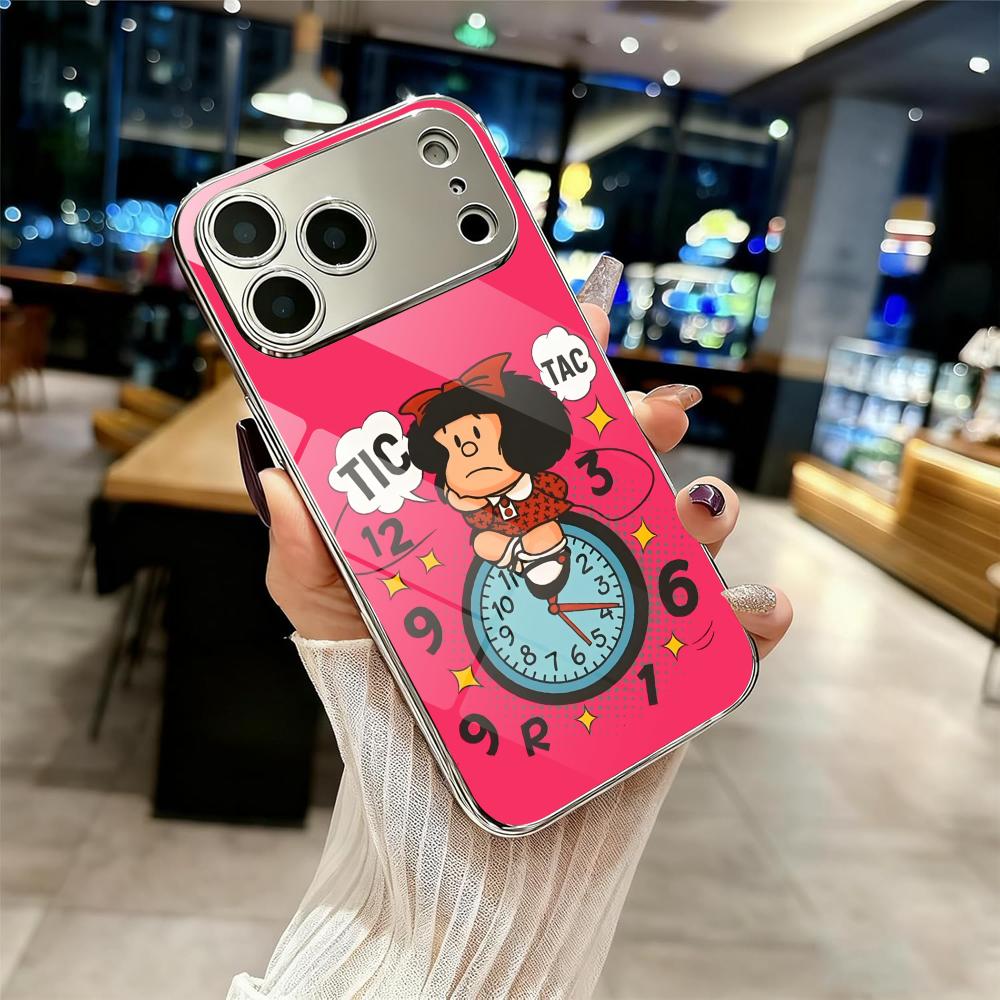 

Cute M-MAFALDA Phone Case For iPhone 17 16 15 14 13 12 Pro Max Plus Electroplated Metal Shockproof Bumper Case Glass Back iPhone 12 Pro