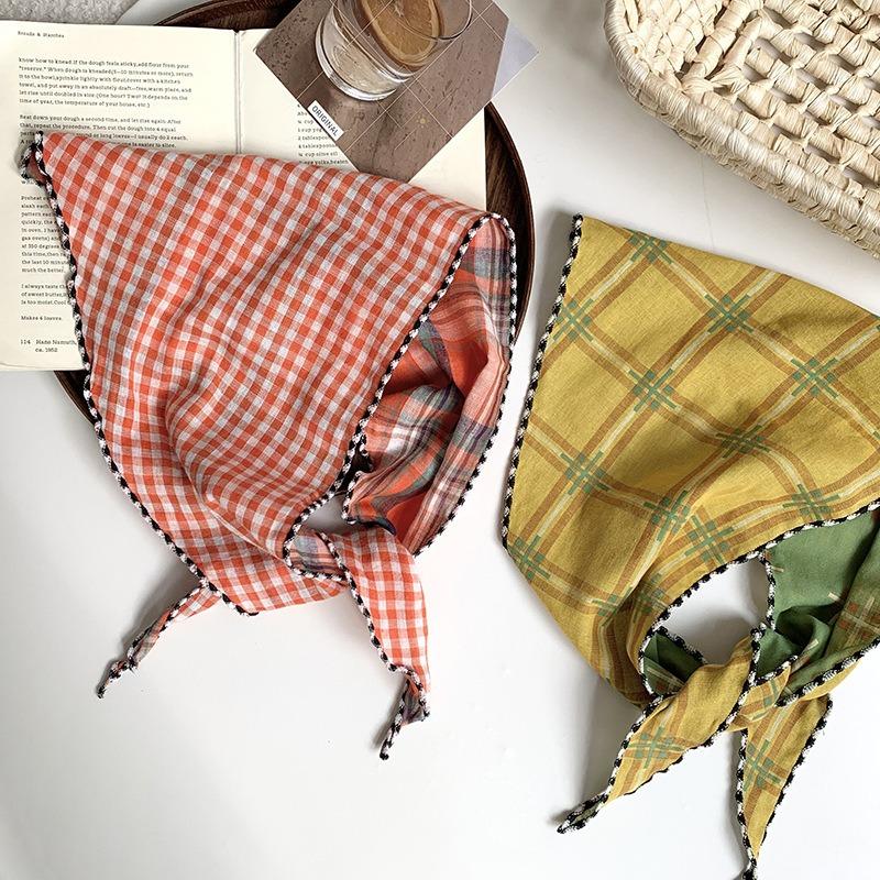 Headscarf women's idyllic summer new clear plaid triangle scarf scarf women's knitted headband silk scarf