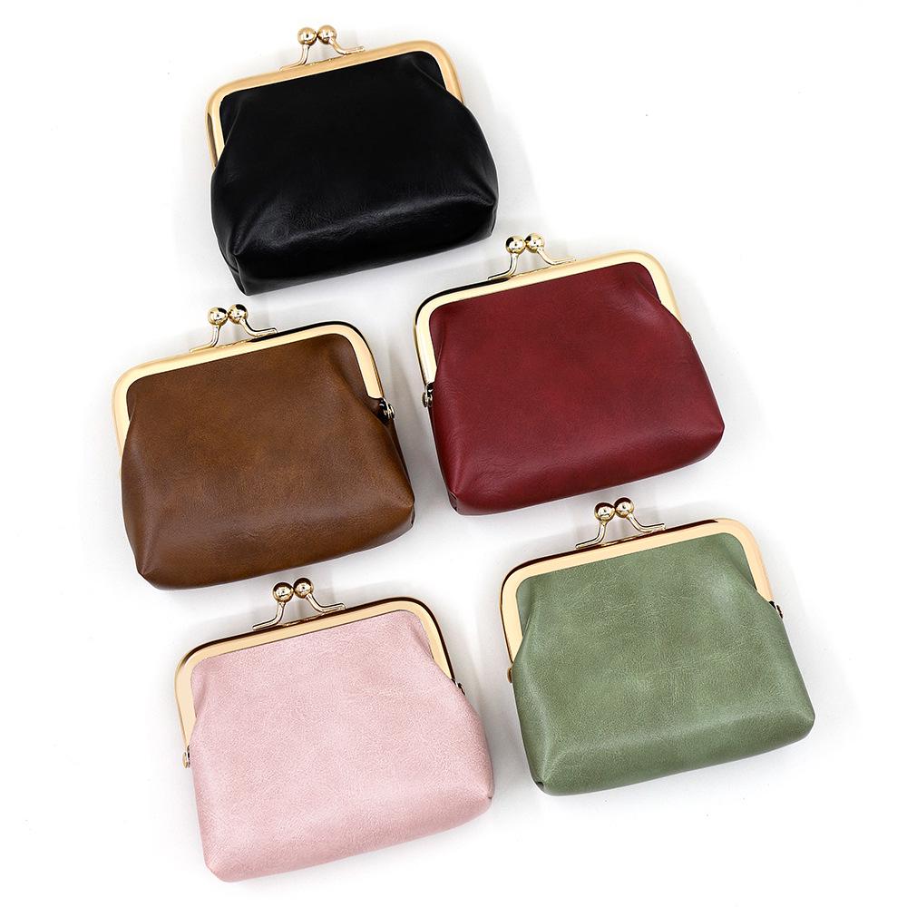 Retro Leather Mini Coin Purse with Gold Clip - Large Capacity