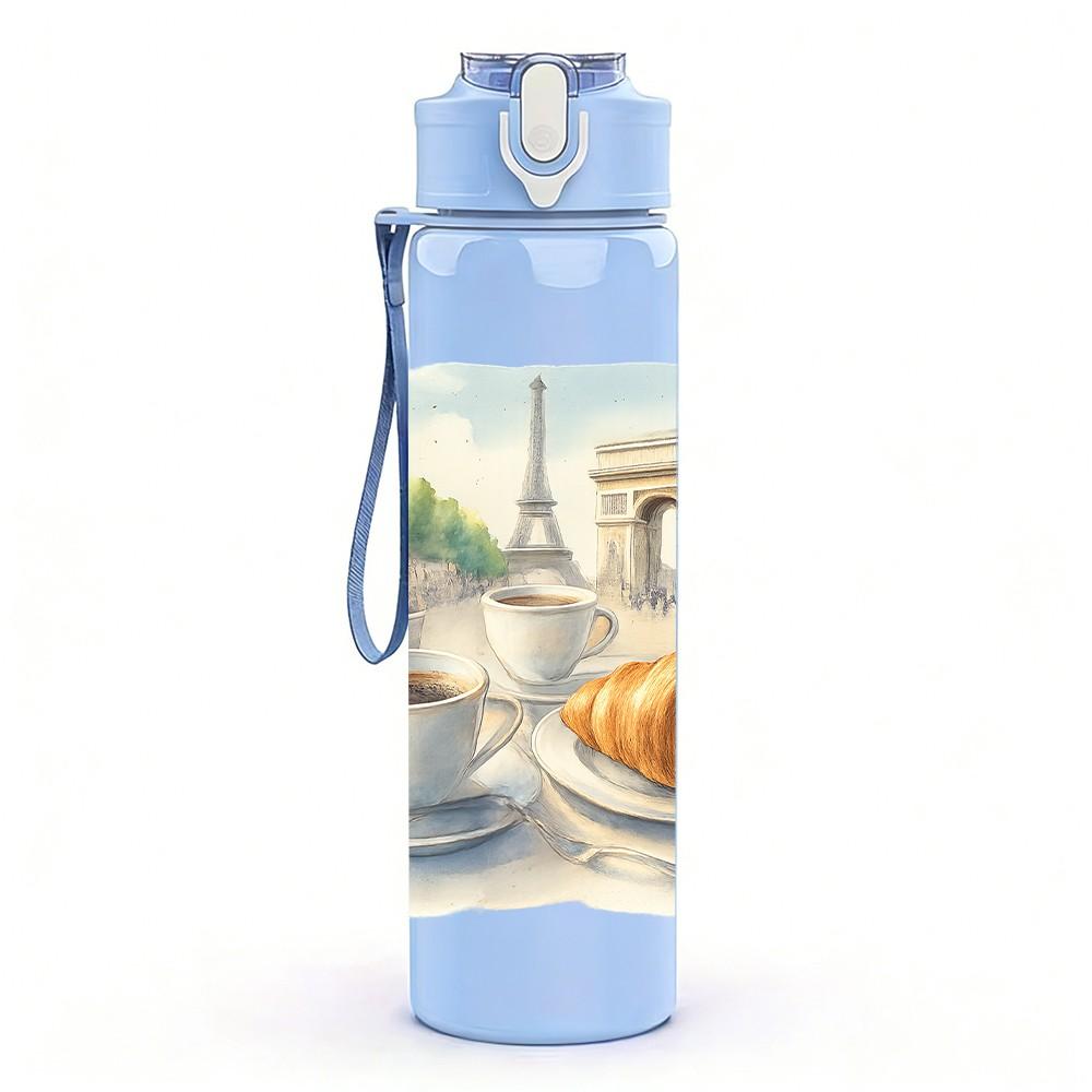1PC Eiffel Tower Coffee Croissant 750ml Color Plastic Sports Water Bottle Leakproof Flip Straw Lid Suitable for Sports Office Home Use