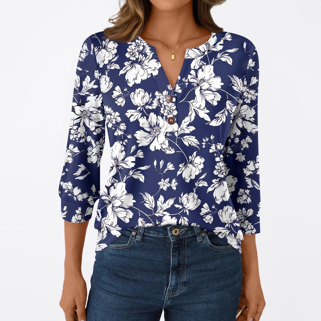 Women's Fashion Casual 3/4 Sleeve T-Shirt Prints V-Neck Button Top