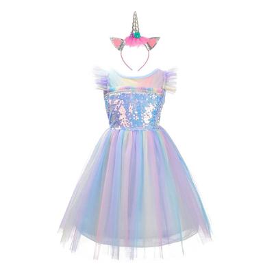 [Dressy Daisy] Unicorn Princess Rainbow Tulle Dress for Toddlers and Girls - Birthday Costume with Headband - Fancy Party Outfit - Sizes 10-12